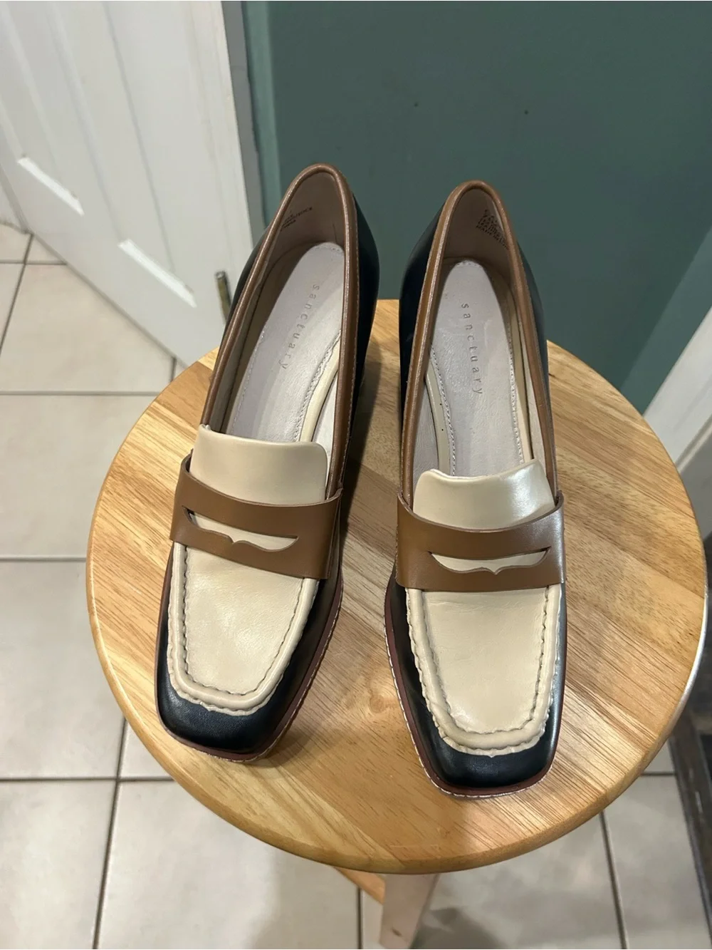 Sanctuary Tri-Tone Wedge Loafers in Black, Brown & Cream